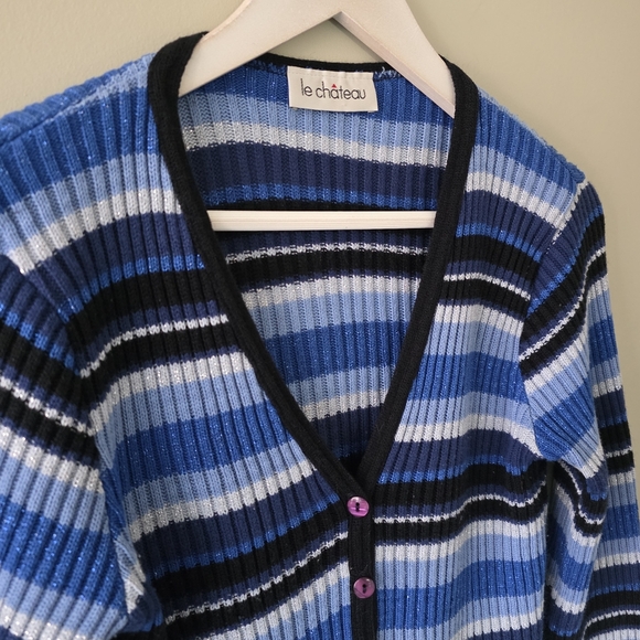 Le Chateau M Vintage Y2K Eclectic Coquette Striped Ribbed Knit Cardigan - Picture 7 of 12